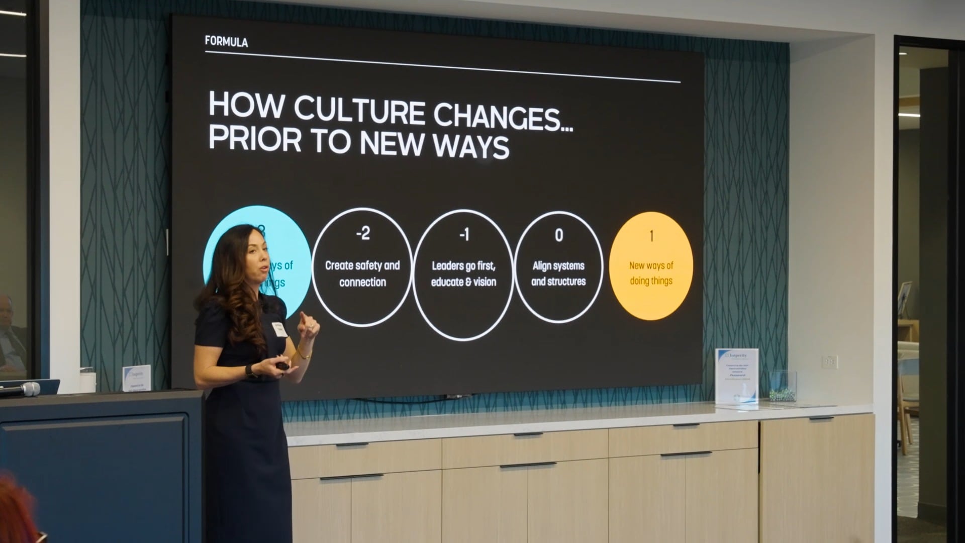 Brittany Tipton presenting a slide on how culture changes to a room of executives