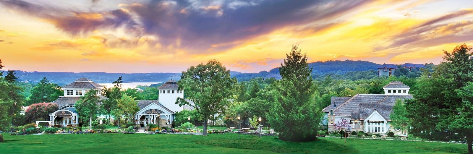 Main lodge grounds at sunset with Table Rock Lake behind