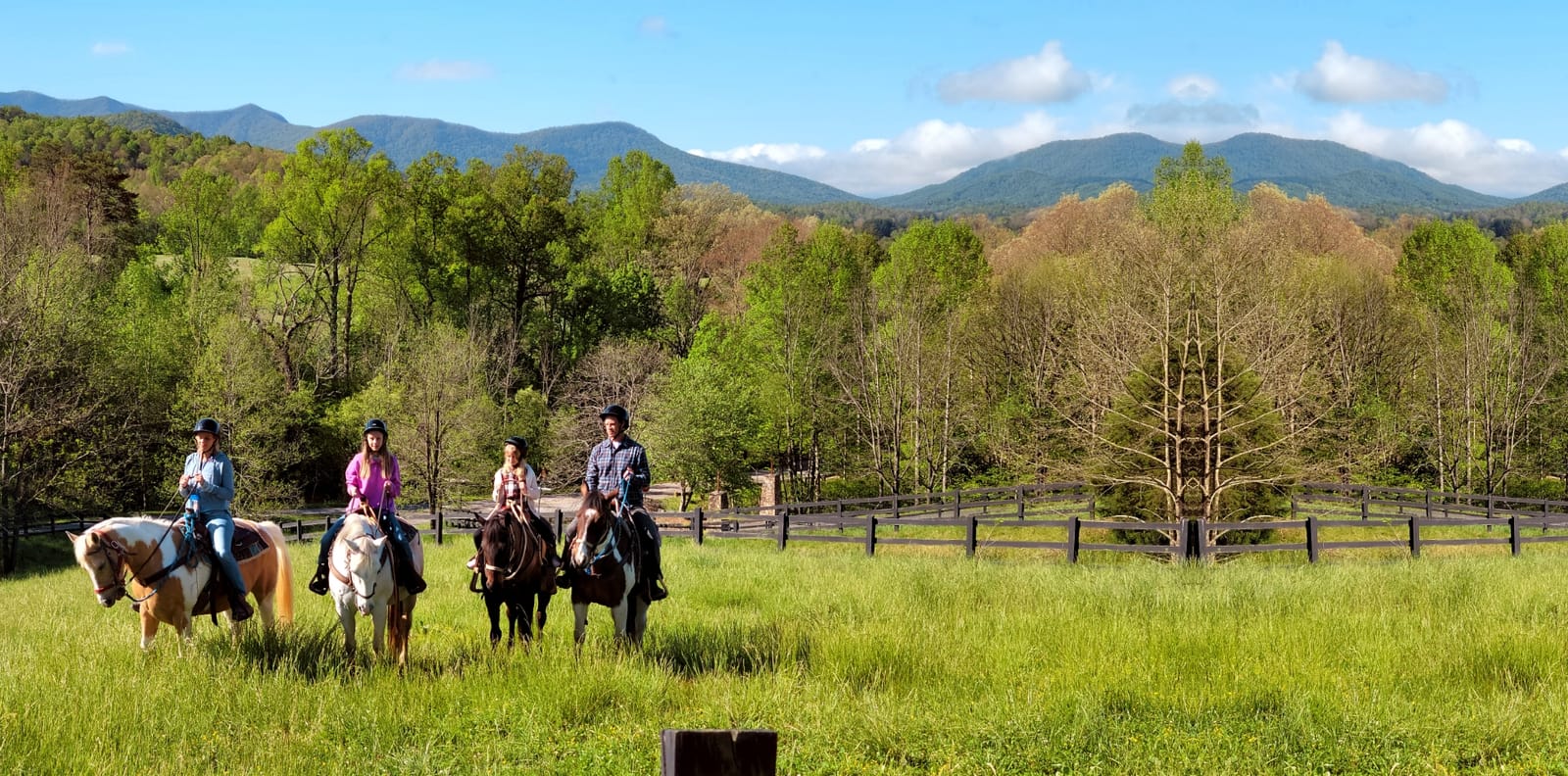 Horseback riders in a green meadow below wooded mountains