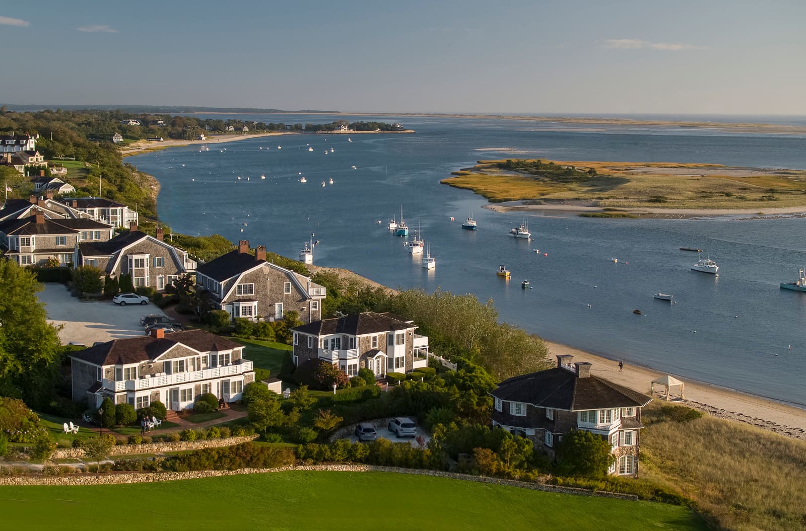 Aerial view of the inn's cottages and the harbor