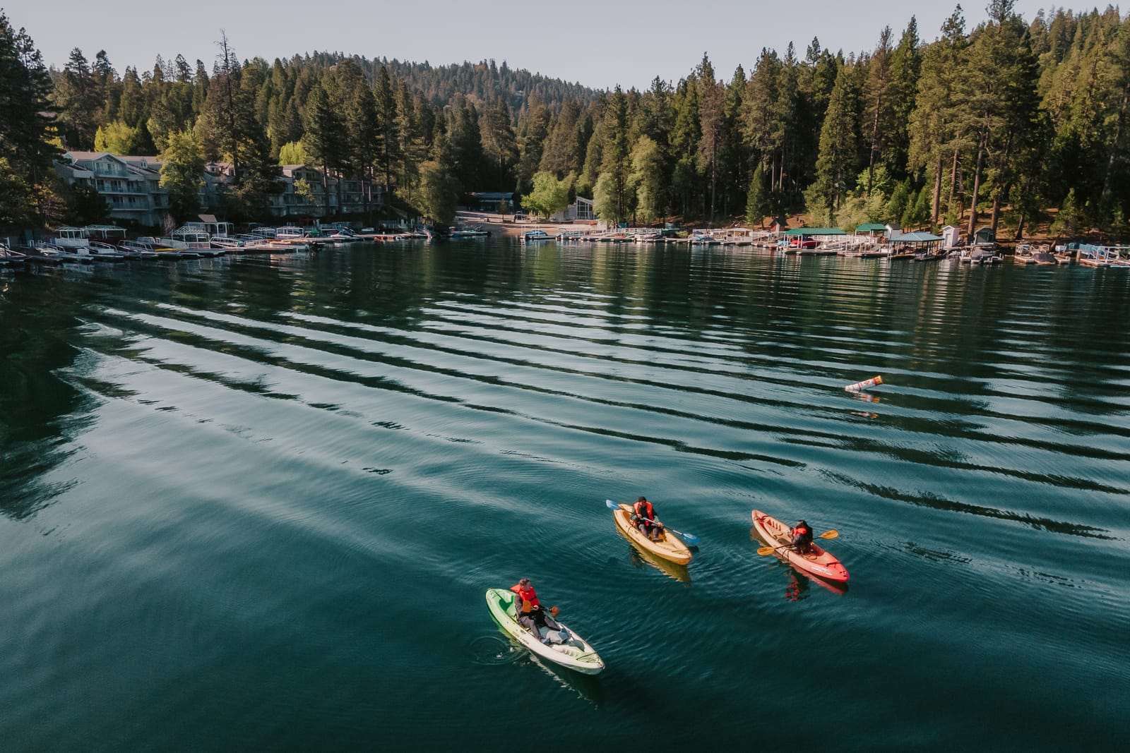 Paddleboarders on a calm mountain lake lined with pines