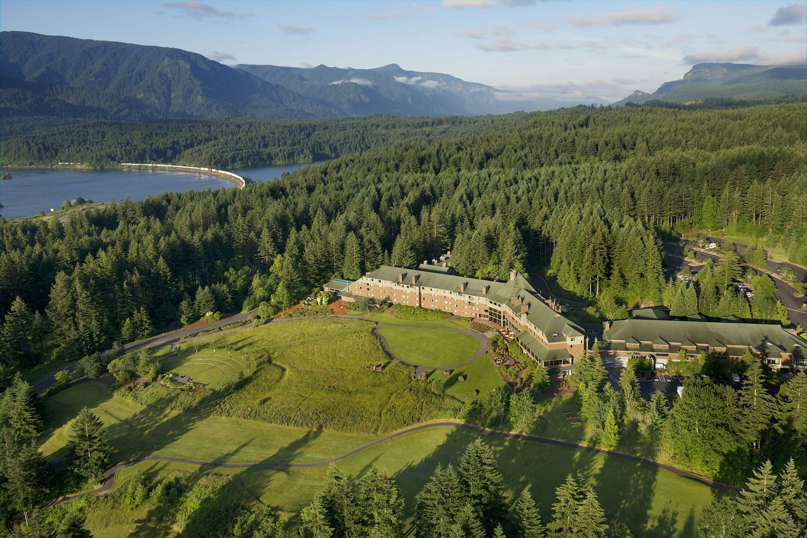 Aerial view of Skamania Lodge in the forest above the Columbia River Gorge