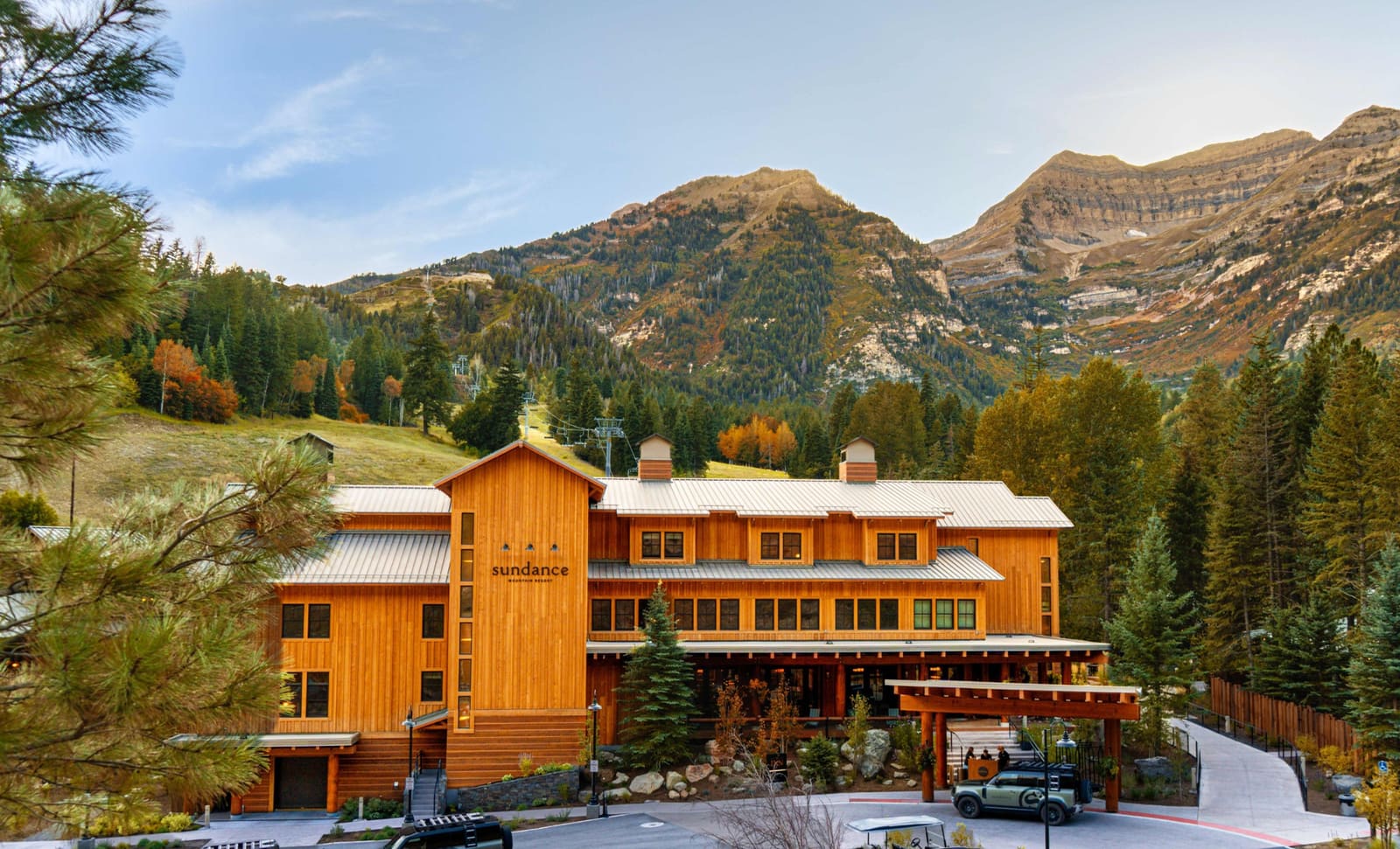 The Inn at Sundance with the peaks behind it
