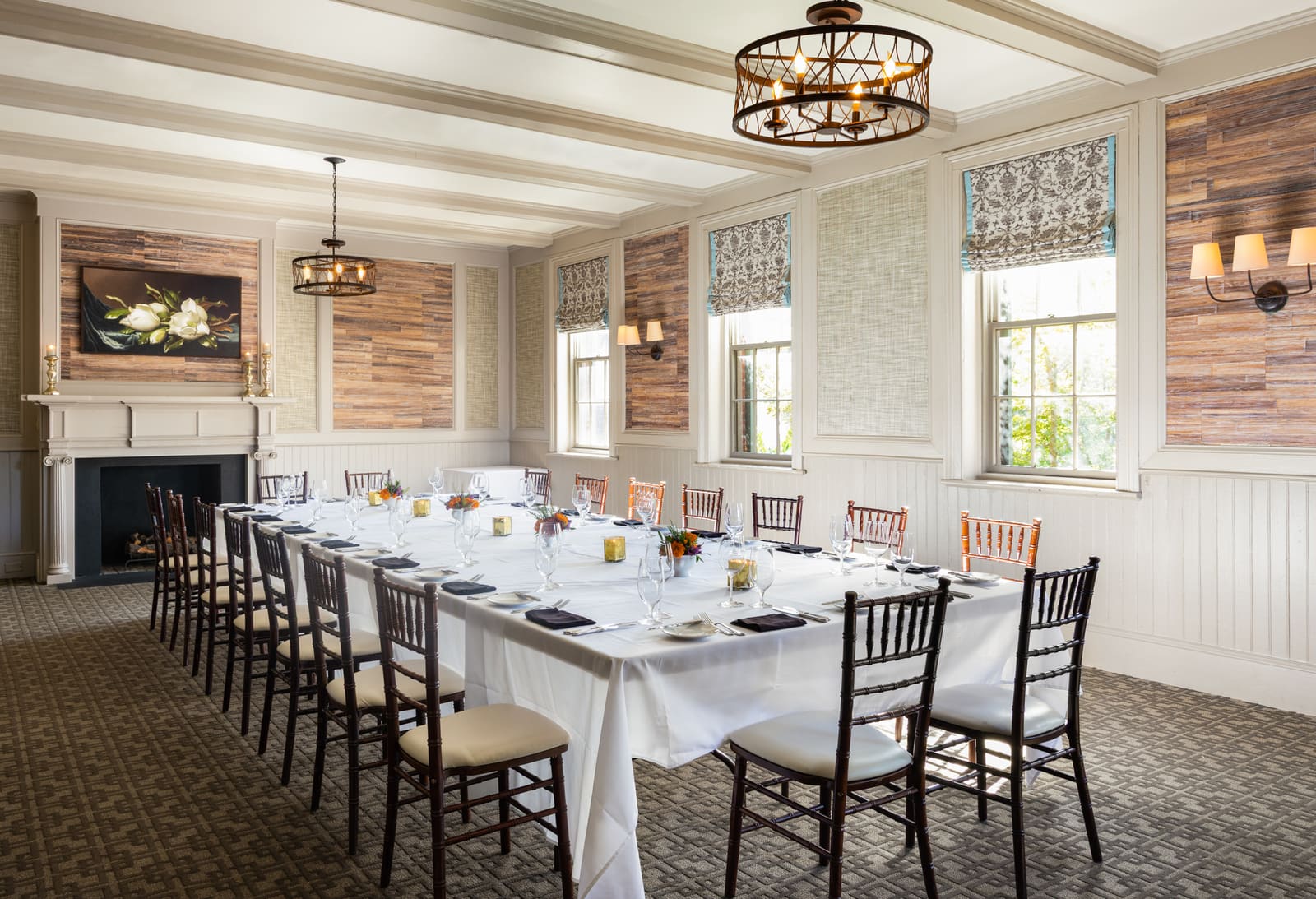 The Tack Room set with one long table for a private dinner or meeting